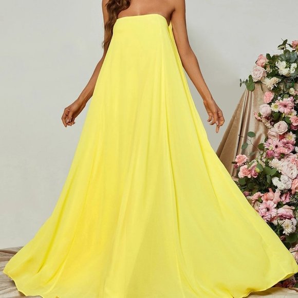 Yellow Preppy Womens Choker Neck Backless Maxi Formal Dress - Picture 1 of 5
